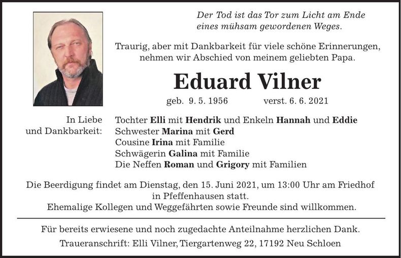 Traueranzeige Eduard Vilner