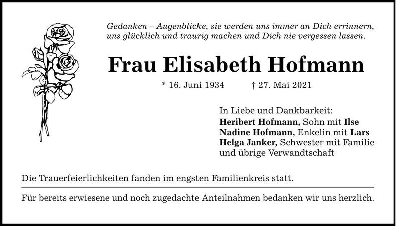 Traueranzeige Elisabeth Hofmann