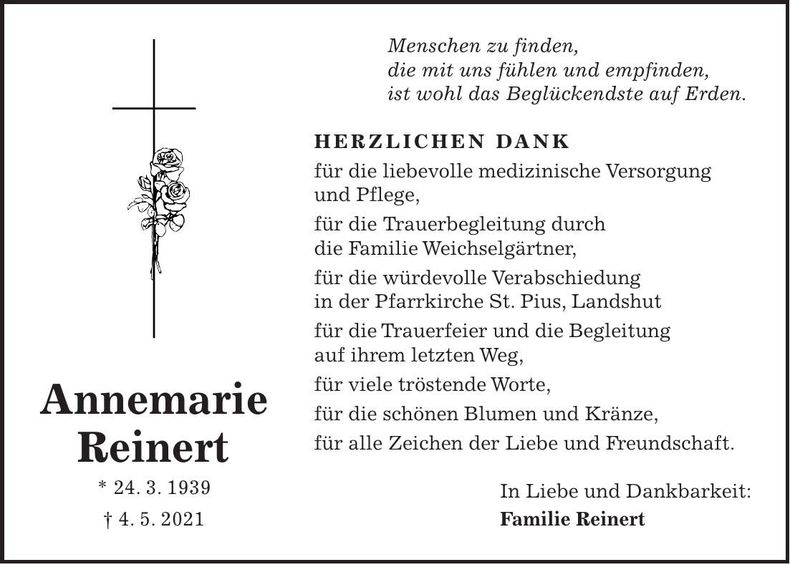 Traueranzeige Annemarie Reinert