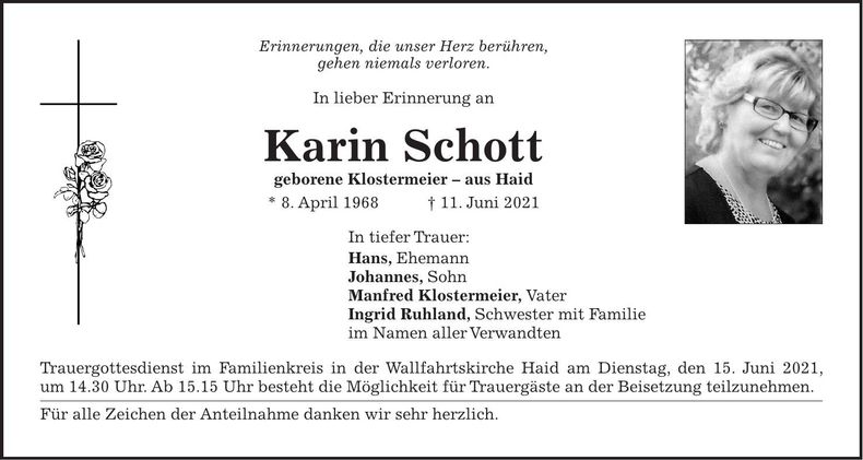 Traueranzeige Karin Schott