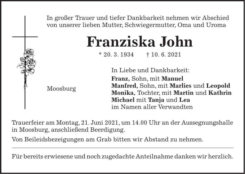 Traueranzeige Franziska John