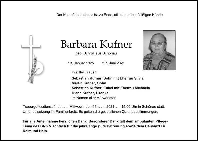 Traueranzeige Barbara Kuffner