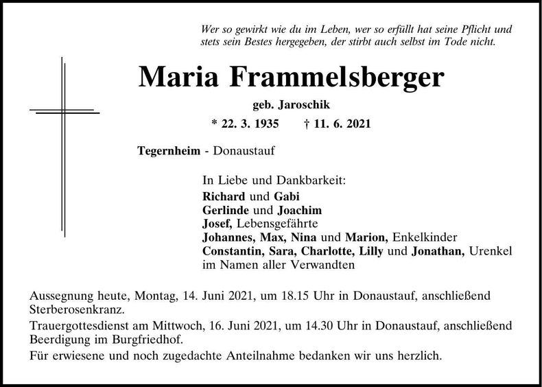 Traueranzeige Maria Frammelsberger