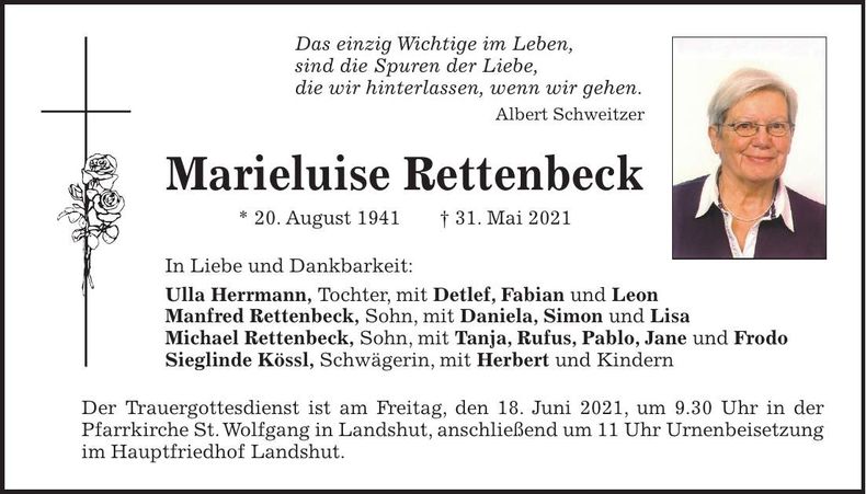 Traueranzeige Marieluise Rettenbeck
