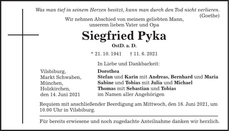 Traueranzeige Siegfried Pyka