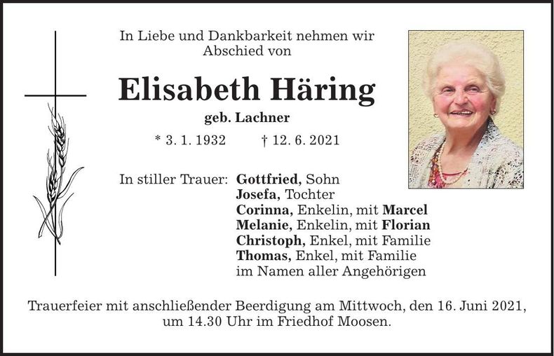 Traueranzeige Elisabeth Häring
