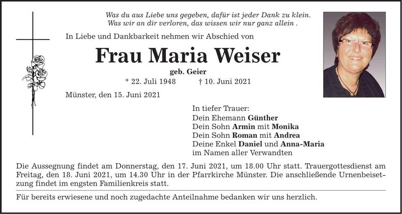 Traueranzeige Maria Weiser
