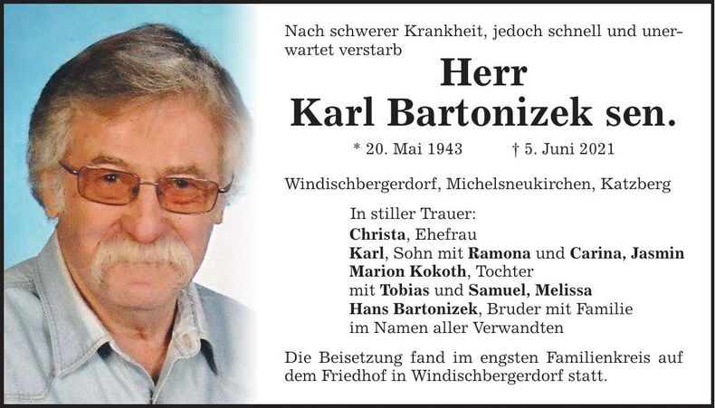 Traueranzeige Karl Bartonizek