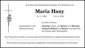 Traueranzeige Maria Hany