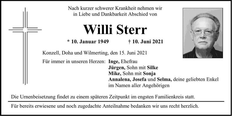 Traueranzeige Willi Sterr