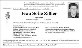 Traueranzeige Sophie Zießler