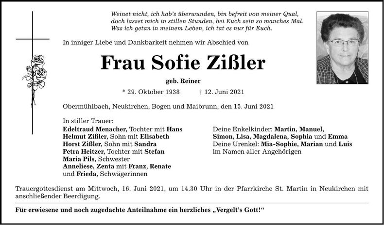 Traueranzeige Sophie Zießler