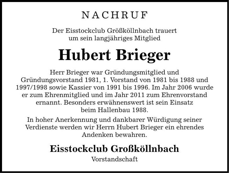 Traueranzeige Hubert Brieger