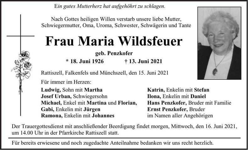 Traueranzeige Maria Wildsfeuer