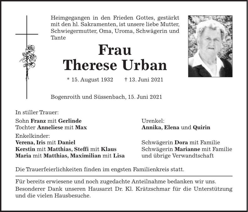 Traueranzeige Therese Urban