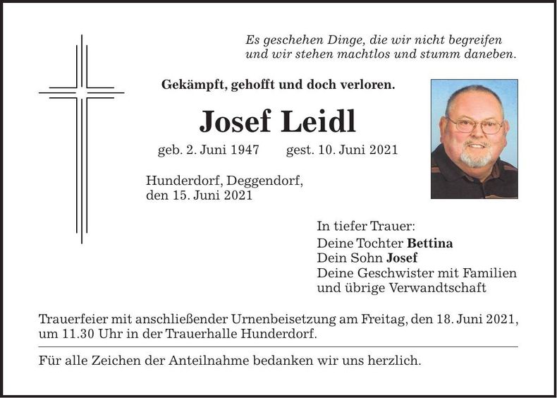 Traueranzeige Josef Leidl