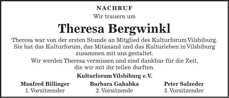 Traueranzeige Theresa Bergwinkl