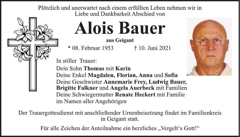 Traueranzeige Alois Bauer