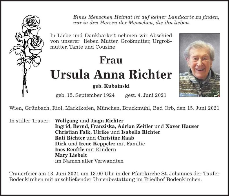 Traueranzeige Ursula Anna Richter