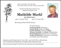 Traueranzeige Mathilde Markl