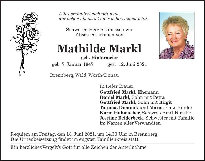 Traueranzeige Mathilde Markl