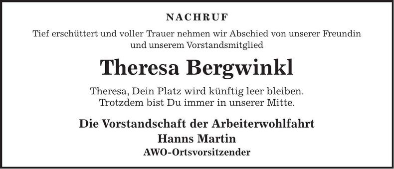 Traueranzeige Theresa Bergwinkl