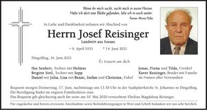 Traueranzeige Josef Reisinger