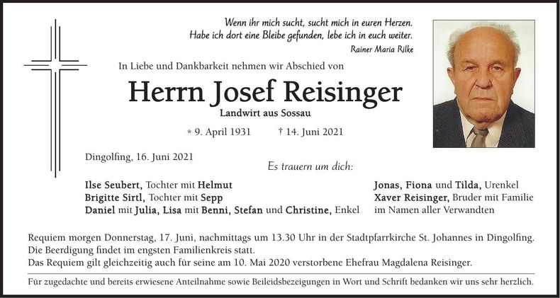 Traueranzeige Josef Reisinger