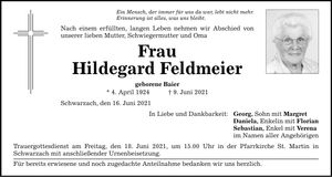 Traueranzeige Hildegard Feldmeier