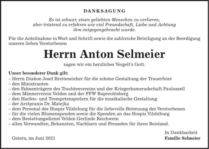 Traueranzeige Anton Selmeier
