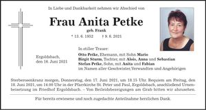Traueranzeige Anita Petke