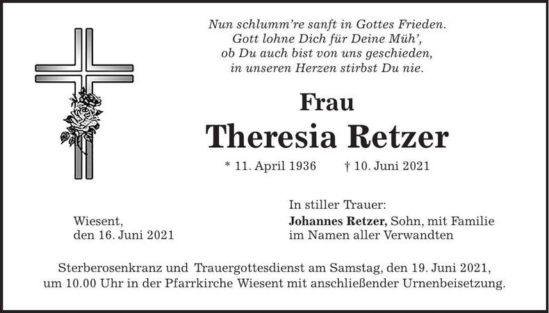 Traueranzeige Theresia Retzer