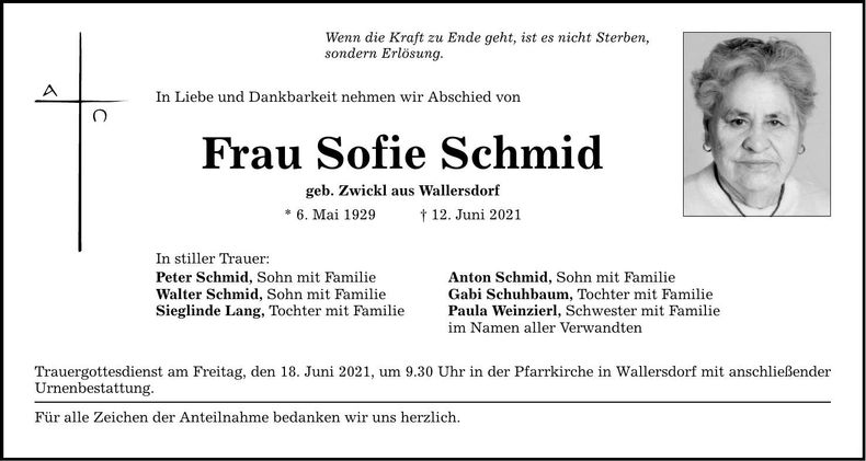 Traueranzeige Sofie Schmid