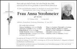 Traueranzeige Anna Strohmeier