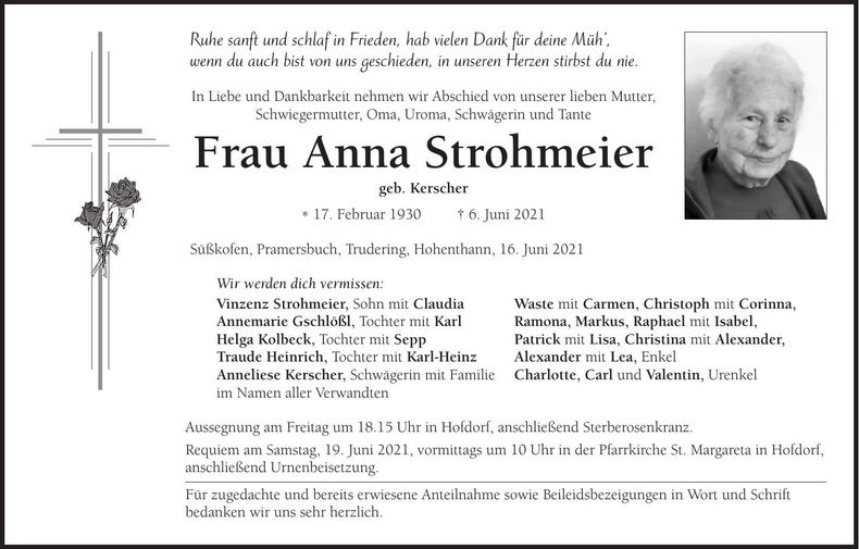 Traueranzeige Anna Strohmeier