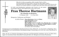 Traueranzeige Therese Hartmann