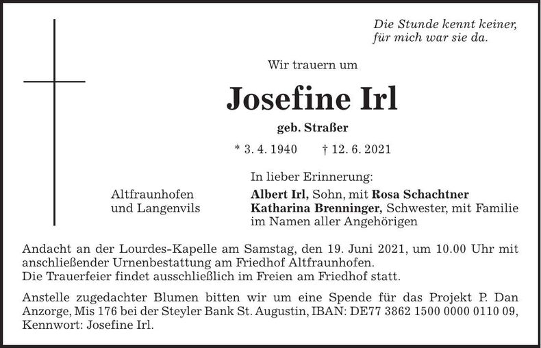 Traueranzeige Josefine Irl