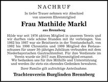 Traueranzeige Mathilde Markl