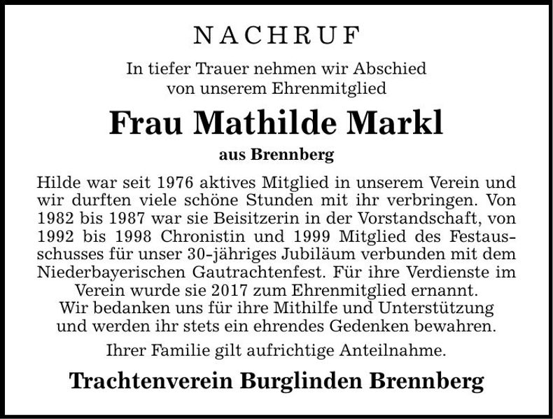 Traueranzeige Mathilde Markl