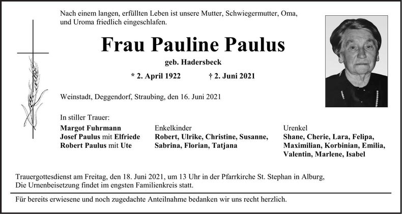 Traueranzeige Pauline Paulus