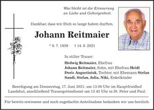 Traueranzeige Johann Reitmaier