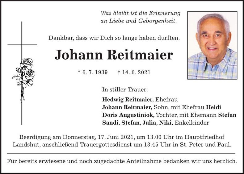 Traueranzeige Johann Reitmaier