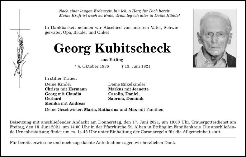 Traueranzeige Geoerg Kubitscheck