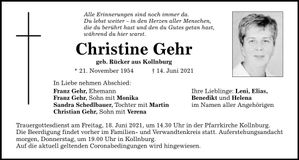 Traueranzeige Christine Gehr