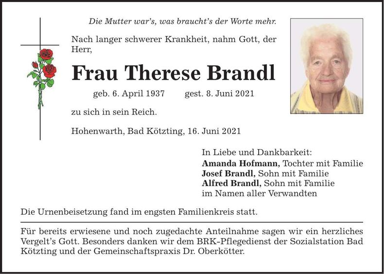 Traueranzeige Therese Brandl