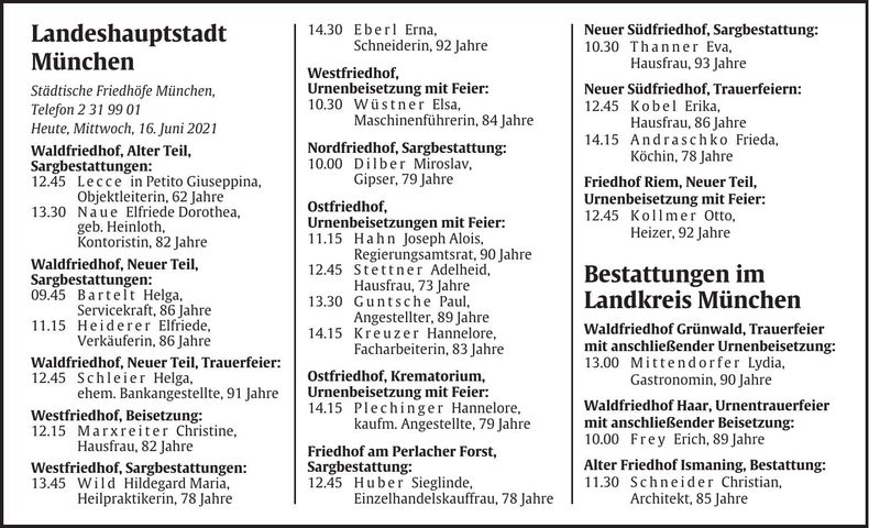 Traueranzeige Abendzeitung Bestattungskalender