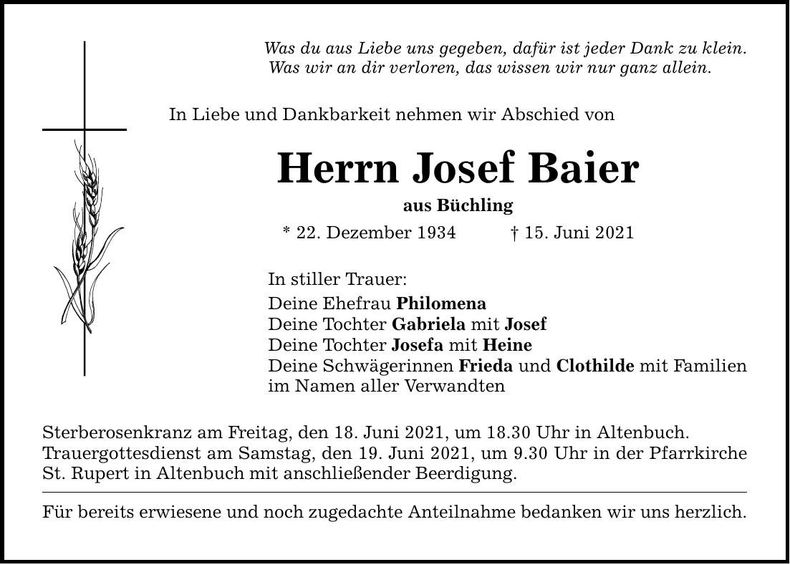 Traueranzeige Josef Baier