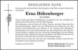 Traueranzeige Erna Höhenberger