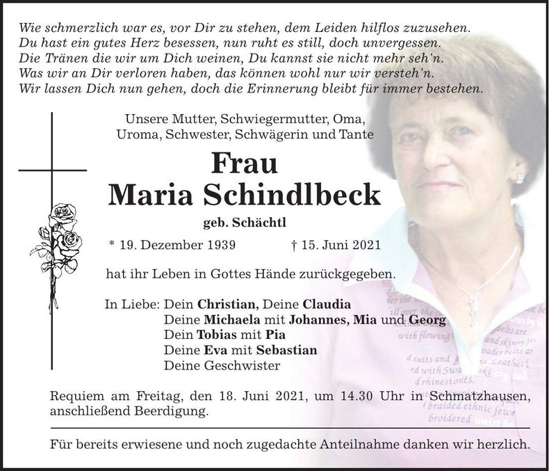Traueranzeige Maria Schindlbeck