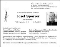 Traueranzeige Josef Sporrer